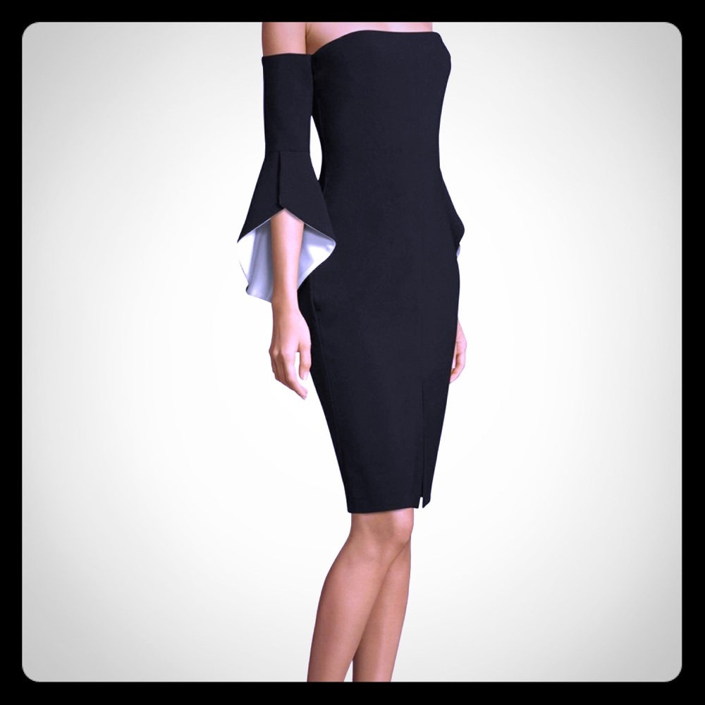 Off the shoulder bell sleeve sheath dress.